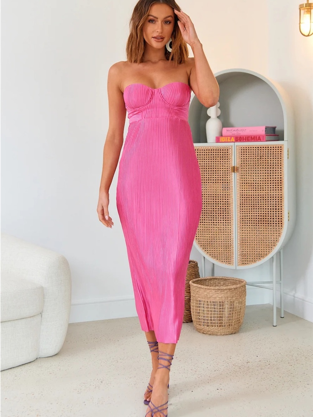 Strapless Fuchsia Ribbed Midi Dress